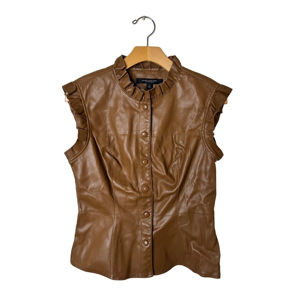 Andrew Marc New York Brown Faux Leather Ruffle Snap Sleeveless Top Small - Picture 1 of 6
